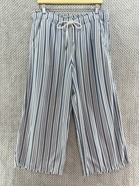 LOFT Pants Womens L White Blue Striped Lyocell Wide Leg Sailor Drawstring
